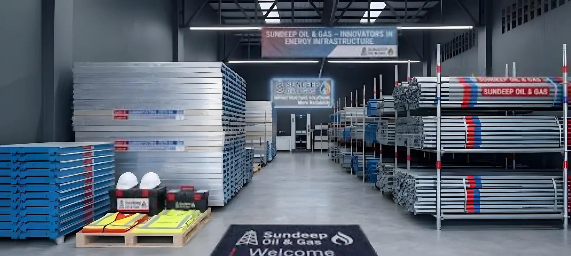 Material de andaimes em stock: tubos, pranchas e equipamento de segurança